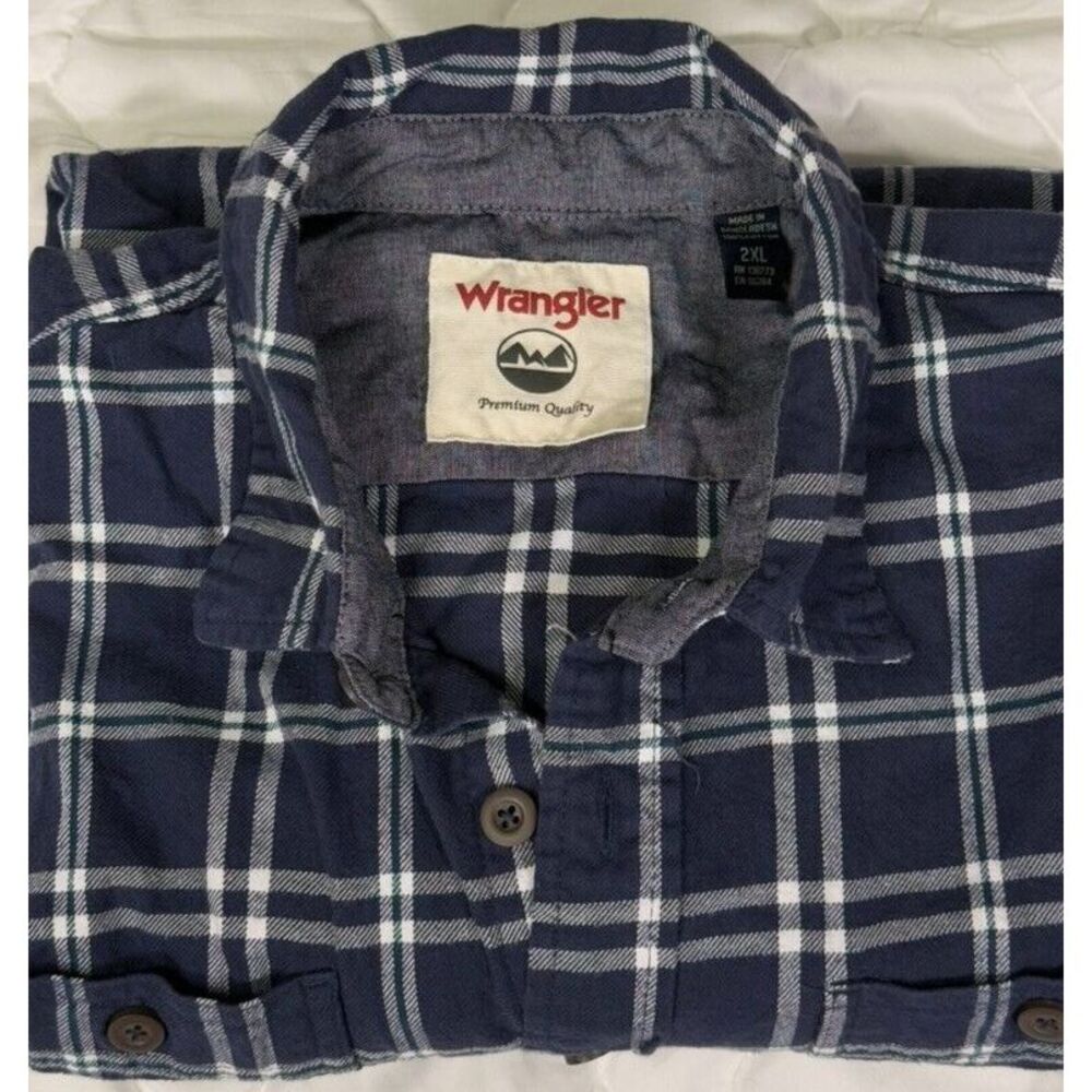 Wrangler Plaid Flannel Shirt Mens 2XL Blue Button Down Long Sleeve 100% Cotton